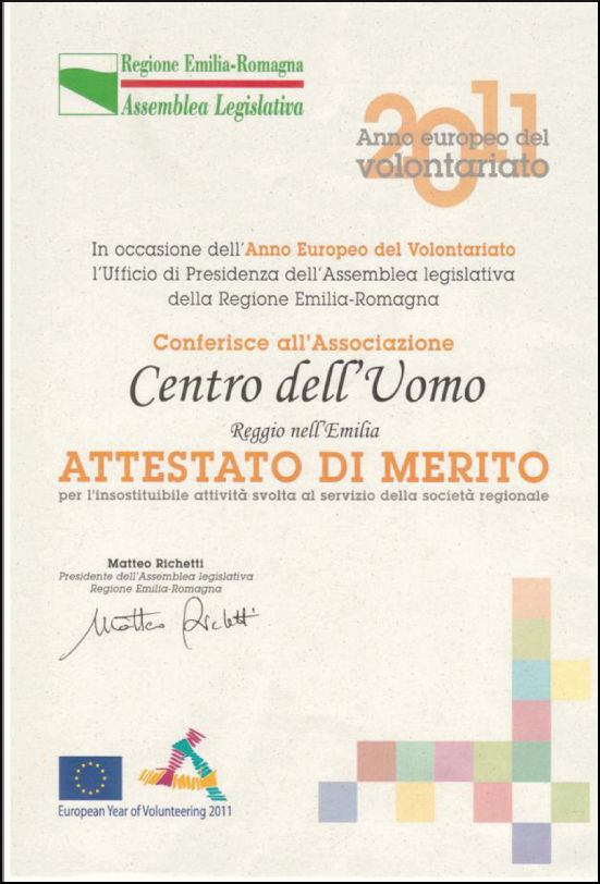 Centro del Hombre Certificado de Mérito Región Emilia-Romagna 2011